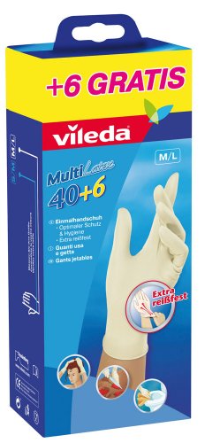 Vileda 126072 Multi Latex Einmalhandschuhe - Ideal für die hygienische Reinigung mit maximalem Tastempfinden
- Größe M/L (Mittel/Groß) - 40+6 Stück