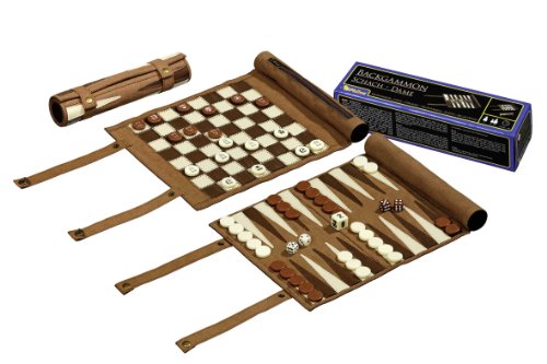 Philos 2801 - Reise-Schach-Backgammon-Dame-Set, aus Kunstleder zum Rollen, Feld 25mm